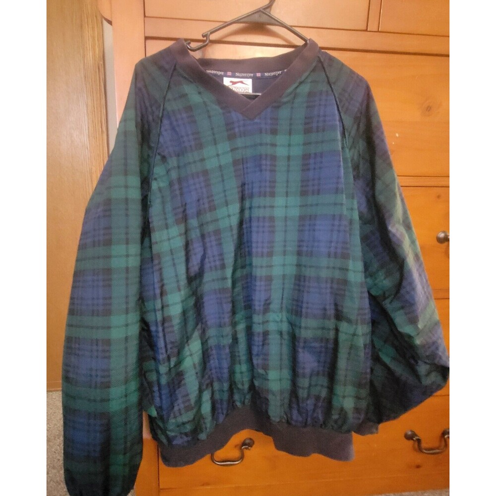 SLAZENGER Mens Large Golf Pullover Blue Green Tartan Plaid V-Neck